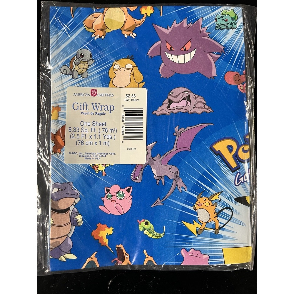 Pokemon Pikachu 8.33 sq ft American Greetings 90s gift wrapping paper birthday